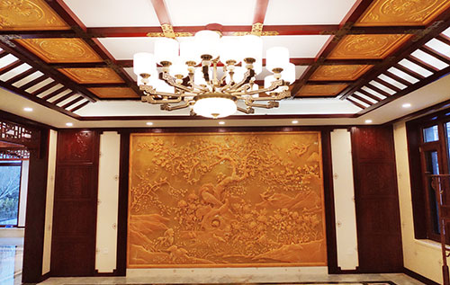 莱芜中式别墅客厅中式木作横梁吊顶装饰展示